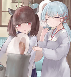 Rule 34 | 2girls, ^ ^, ahoge, alternate hair length, alternate hairstyle, blue hair, blunt bangs, bowl, brown hair, chikuwa, closed eyes, closed mouth, cooking, food, hair ornament, hand up, highres, holding, holding bowl, indoors, kotonoha aoi, ladle, light blue hair, long hair, medium hair, microa, multiple girls, open mouth, pink eyes, pouring, smile, steam, stove, touhoku kiritan, twintails, voiceroid