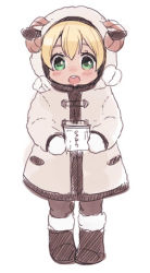 Rule 34 | 1boy, aged down, animal ears, bad id, bad pixiv id, blonde hair, blush, boots, coat, full body, green eyes, holding, hood, horns, inazuma eleven, inazuma eleven (series), male focus, miyasaka ryou, open mouth, sheep ears, sheep horns, simple background, solo, standing, tomo (sjim), white background