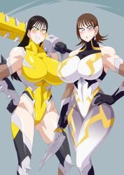 2girls avataro_sentai_donbrothers bad_tag blue_eyes bodysuit boots brown_hair holding_weapons kito_haruka leotard multiple_girls otokamu pin_up sononi_(donbrothers) super_sentai thigh_boots yellow_eyes