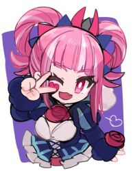 Rule 34 | 1girl, chibi, dress, fang, fire emblem, fire emblem engage, fur trim, hair ornament, hair rings, hortensia (fire emblem), long hair, long sleeves, lowres, nintendo, one eye closed, open mouth, pink eyes, pink hair, simple background, solo, tamatamariso85, v, white background