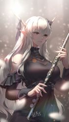 Rule 34 | 1girl, absurdres, arknights, bare shoulders, breasts, brown eyes, commentary request, flute, grin, hair between eyes, hengxing v, highres, holding, holding instrument, horn ornament, horn ribbon, horns, instrument, large breasts, long hair, long sleeves, official alternate costume, ribbon, shining (arknights), smile, solo, upper body, very long hair, white hair