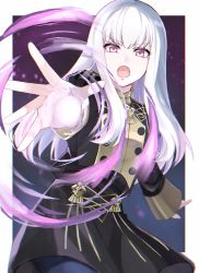 Rule 34 | 1girl, :o, aiming, aiming at viewer, breasts, casting spell, cowboy shot, energy, fire emblem, fire emblem: three houses, garreg mach monastery uniform, gradient background, highres, long hair, long sleeves, looking at viewer, lysithea von ordelia, magic, nintendo, open mouth, pink eyes, simple background, small breasts, solo, sukinasushi ebi, uniform, v-shaped eyebrows, white hair, wide sleeves