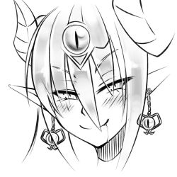 Rule 34 | 1girl, blush, closed mouth, commentary, curled horns, demon girl, demon horns, drooling, earrings, english commentary, eyes visible through hair, greyscale, hair between eyes, half-closed eyes, horns, jewelry, kenkou cross (style), loen, long hair, looking at viewer, monochrome, monster girl encyclopedia, pointy ears, portrait, saliva, segmented horns, slit pupils, smile, solo, succubus (monster girl encyclopedia)