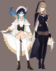 Rule 34 | 1boy, 1girl, abbystea, androgynous, anklet, arrow (projectile), ascot, bag, beige background, beret, black gloves, black hair, black thighhighs, blouse, blue hair, blush, boots, bow (weapon), braid, breasts, brooch, brown hair, cape, cleavage, closed mouth, collared cape, commentary, corset, dress, flower, frilled cape, full body, gem, genshin impact, gloves, gradient hair, green eyes, grey background, hair flower, hair ornament, handbag, hat, hat flower, highres, holding, holding bag, holding cape, holding clothes, hood, hood up, hooded cape, jewelry, leaf, lisa (genshin impact), long hair, long sleeves, looking at viewer, multicolored hair, pink headwear, pink shorts, purple flower, quiver, rose, see-through, see-through dress, shirt, short hair with long locks, shorts, sidelocks, simple background, smile, standing, symbol-only commentary, thighhighs, twin braids, venti (genshin impact), vision (genshin impact), weapon, weapon on back, white flower, white shirt