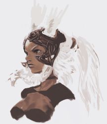 Rule 34 | 00s, 1girl, animal ears, breasts, rabbit ears, dark skin, dark-skinned female, ears through headwear, female focus, final fantasy, final fantasy xii, fran (ff12), helmet, kawata hisashi, lips, solo, viera, white hair