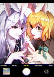 Rule 34 | black sclera, blonde hair, camera phone, carrot (one piece), cellphone, colored sclera, long hair, one piece, phone, fake phone screenshot, rabbit ears, rabbit girl, red eyes, short hair, smartphone, sulong form, viewfinder, white fur, white hair