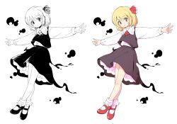 Rule 34 | 1girl, :o, black skirt, black vest, blonde hair, bobby socks, buttons, collared shirt, dress shirt, full body, hair ribbon, highres, long sleeves, looking at viewer, maguro (mawaru sushi), mary janes, multiple views, outstretched arms, petticoat, red eyes, red footwear, red neckwear, red ribbon, ribbon, rumia, shirt, shoes, short hair, skirt, socks, t-pose, touhou, vest, white background, white legwear, white shirt