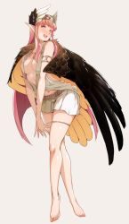 Rule 34 | 1girl, armlet, bare shoulders, barefoot, belt, blush, breasts, center opening, circe (fate), fate/grand order, fate (series), feathered wings, feet, full body, head wings, headpiece, highres, jewelry, legs, long hair, looking at viewer, medium breasts, navel, necklace, open mouth, pink hair, pointy ears, sidelocks, simple background, skirt, smile, solo, thighlet, thighs, tokiwa midori (kyokutou funamushi), white background, white skirt, wings