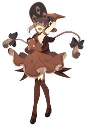 Rule 34 | 1girl, arm behind head, armpits, bad end, bad id, bad pixiv id, bow, braid, brown hair, brown thighhighs, cats brain, fang, frilled skirt, frills, full body, funamusea, hair bow, hat, hat bow, long hair, looking at viewer, mary janes, oounabara to wadanohara, pointy ears, red eyes, red skirt, shirt, shoes, simple background, skirt, sleeveless, sleeveless shirt, solo, spoilers, thighhighs, transparent background, twin braids, wadanohara, white background, wind, wind lift, witch hat, zettai ryouiki