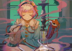 Rule 34 | 1girl, arms on table, black eyes, black headband, blouse, blue shirt, buttons, closed eyes, closed mouth, collared shirt, commentary, english commentary, frilled shirt collar, frilled sleeves, frills, headband, heart, heart button, hookah, komeiji satori, kyomunohi, long sleeves, pink hair, plant, potted plant, ribbon-trimmed shirt, rolling eyes, shirt, short hair, signature, smoke, solo, table, third eye, touhou, upper body, wide sleeves, window