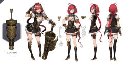 Rule 34 | 1girl, ahoge, arm up, asymmetrical legwear, belt, boots, bow, breasts, buttons, cannon, cleavage, cleavage cutout, clothing cutout, concept art, crest, fingerless gloves, frilled skirt, frills, full body, gloves, hair bow, hand on weapon, hand up, headphones, high heel boots, high heels, highres, knee boots, long hair, looking at viewer, medium breasts, miniskirt, multiple views, orange eyes, original, ponytail, pouch, red bow, red hair, short hair, short sleeves, simple background, skirt, sl86, thigh pouch, uneven legwear, very long hair, weapon, white background