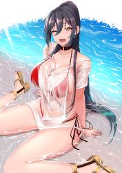 Rule 34 | 1girl, bikini, black hair, blush, breasts, cleavage, collar, collarbone, covered navel, earrings, hair between eyes, high ponytail, highres, idolmaster, idolmaster shiny colors, jewelry, large breasts, long hair, looking at viewer, moo yoshio, necklace, one eye closed, open mouth, ponytail, red bikini, sandals, see-through, shirase sakuya, shirt, shore, short sleeves, sitting, smile, swimsuit, thighs, wariza, water, wet, wet clothes, wet shirt, white shirt, yellow eyes