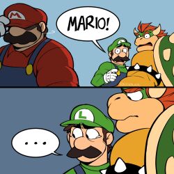 Rule 34 | 2koma, 3boys, adjusting clothes, adjusting headwear, bara, bowser, brothers, brown hair, comic, covered eyes, english text, facial hair, furry, furry male, highres, looking at another, luigi, male focus, mario, mario (series), multiple boys, muscular, muscular male, mustache, nintendo, racesolar, sad, short hair, siblings, speech bubble, super mario bros. 1, tearing up, thick eyebrows, upper body, yaoi