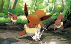 Rule 34 | ;d, brown eyes, bush, creature, creatures (company), day, eevee, forest, game freak, gen 1 pokemon, grass, ishikawa hideki, looking at another, looking at viewer, nature, nintendo, no humans, official art, one eye closed, open mouth, outdoors, pokemon, pokemon (creature), pokemon tcg, smile, splashing, third-party source, tree, water