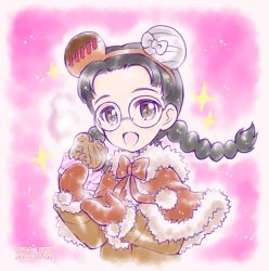 Rule 34 | 1girl, :d, animal ears, animal print, artist name, bandages, bear ears, bear print, black-framed eyewear, black eyes, black hair, boko (girls und panzer), boko (girls und panzer) (cosplay), bow, braid, brown bow, brown capelet, brown coat, brown mittens, capelet, coat, commentary, cosplay, dated, fake animal ears, food, fukuda haru, fur-trimmed capelet, fur-trimmed coat, fur trim, girls und panzer, glasses, holding, holding food, kuromori yako, light particles, long hair, looking at viewer, mittens, one-hour drawing challenge, open mouth, round eyewear, smile, solo, sparkle, twin braids, twintails, upper body