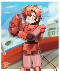 Rule 34 | 1boy, absurdres, arm cannon, armor, cable, cable tail, cosplay, frown, hand on own arm, highres, holostars, holostars english, machina x flayon, male focus, mechanical tail, mega man (series), mega man legends (series), mega man volnutt, mega man volnutt (cosplay), orange eyes, pktmgs, red armor, red hair, signature, tail, virtual youtuber, weapon