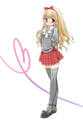 Rule 34 | 1girl, arms behind back, black footwear, black thighhighs, blonde hair, blue eyes, bow, bowtie, footwear bow, full body, hair ribbon, hairband, heart, juliet sleeves, legs together, long hair, long sleeves, looking at viewer, maitou, original, puffy sleeves, ribbon, shoes, skirt, smile, solo, standing, thighhighs, white background, zettai ryouiki