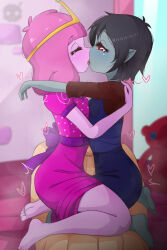 Rule 34 | 1boy, 2girls, ^^^, absurdres, adventure time, barefoot, bisexual female, black hair, breast press, closed eyes, colored skin, crown, dress, el chasconsito, eyelashes, feet, french kiss, from side, girl on top, grey skin, heart, highres, hug, kiss, looking at another, marceline abadeer, multiple girls, penis, pink dress, pink hair, pink skin, pointy ears, pov, pov crotch, princess bonnibel bubblegum, red eyes, short hair, short sleeves, sidelocks, soles, straddling, symmetrical docking, thighs, toes, tongue, tongue out, uncensored