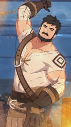 Rule 34 | 1boy, bandaged arm, bandages, bara, beard, black eyes, black hair, blacksmith, covered erect nipples, cross-laced clothes, cross-laced top, embers, facial hair, genshin impact, highres, holding, holding mallet, large pectorals, leather, looking at viewer, male focus, mallet, mature male, mazjojo, muscular, muscular male, mustache, paid reward available, pectoral cleavage, pectorals, short hair, solo, wagner (genshin impact)