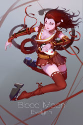 Rule 34 | 1girl, alternate costume, alternate skin color, arm warmers, blood moon evelynn, bracer, breasts, character name, cleavage, evelynn (league of legends), evelynn (old), facial mark, forehead mark, hair ornament, highres, league of legends, lipstick, looking to the side, makeup, mask, unworn mask, medium breasts, nail polish, pink eyes, pointy ears, red hair, red nails, red skirt, red thighhighs, skirt, solo, thighhighs, twisted torso, zhang tie tong