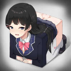 Rule 34 | 1girl, absurdres, all fours, anus, black footwear, black hair, blazer, blue eyes, bow, bowtie, boxification, braid, censored, collared shirt, hair ornament, hairclip, highres, jacket, long hair, mosaic censoring, nijisanji, no pants, open mouth, pussy, school uniform, shirt, shoes, solo, tamaki (tamakikan), thighhighs, tsukino mito, tsukino mito (1st costume), virtual youtuber, what, white shirt, white thighhighs
