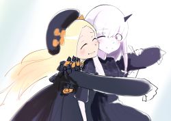 Rule 34 | 2girls, abigail williams (fate), absurdres, albino, black dress, black hat, blonde hair, blush, bow, closed eyes, colored skin, commentary request, dress, fate/grand order, fate (series), grin, hat, hat bow, highres, hug, lavinia whateley (fate), long hair, looking at another, multiple girls, one eye closed, red eyes, saekiti0201, sketch, sleeves past wrists, smile, white hair, white skin