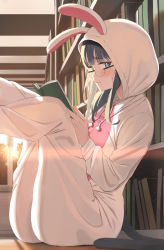 Rule 34 | 1girl, animal costume, animal ears, black hair, blue eyes, blush, book, bookshelf, breasts, cat tail, closed mouth, clothing cutout, commentary, commission, day, drawstring, embarrassed, fake animal ears, feet out of frame, glasses, hair ornament, hairclip, highres, holding, holding book, hood, hood up, indoors, legs up, lens flare, long hair, looking at viewer, looking to the side, medium breasts, nervous smile, open book, original, rabbit costume, rabbit ears, reading, rimless eyewear, sidelocks, sitting, smile, solo, sunlight, tail, tail through clothes, twin (tt lsh)