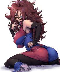 Rule 34 | 1girl, amania orz, android 21, ass, bare shoulders, black-framed eyewear, blue eyes, breasts, brown hair, curly hair, detached sleeves, dragon ball, dragon ball fighterz, dress, earrings, glasses, hoop earrings, jewelry, long hair, looking at viewer, nail polish, pantyhose, smile, solo, v