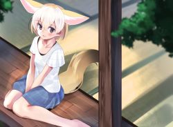 Rule 34 | 1girl, alternate costume, animal ears, bare legs, barefoot, between legs, blonde hair, blue skirt, casual, commentary, extra ears, fennec (kemono friends), fox ears, fox girl, fox tail, hand between legs, highres, kemono friends, kinou no shika, looking at viewer, multicolored hair, plaid, plaid skirt, pleated skirt, shirt, short hair, short sleeves, sitting, skirt, solo, striped clothes, striped shirt, symbol-only commentary, t-shirt, tail, v-neck, wariza, white hair, white shirt