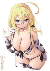 Rule 34 | 1girl, ahoge, alternate costume, animal print, bikini, blonde hair, blue eyes, blush, breasts, cleavage, closed mouth, collarbone, cow print, cow print bikini, cropped legs, ebifurya, elbow gloves, expressionless, front-tie bikini top, front-tie top, glasses, gloves, groin, hair between eyes, hand on own ass, highres, i-8 (kancolle), kantai collection, large breasts, leaning forward, long hair, looking at viewer, low twintails, navel, one-hour drawing challenge, plump, print bikini, red-framed eyewear, round eyewear, semi-rimless eyewear, side-tie bikini bottom, simple background, solo, string bikini, swimsuit, thighhighs, twintails, twitter username, under-rim eyewear, white background, white bikini, white gloves, white thighhighs