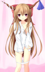 Rule 34 | 1girl, blonde hair, blush, bow, breasts, brown hair, collarbone, dress shirt, female focus, gradient background, hair bow, highres, horn ornament, horn ribbon, horns, ibuki suika, large bow, long hair, long sleeves, open clothes, open shirt, oversized clothes, panties, panty pull, purple eyes, red eyes, ribbon, shirt, shirt tug, small breasts, solo, touhou, unbuttoned, underwear, very long hair, white panties, yoye (pastel white)
