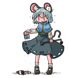 Rule 34 | 1girl, animal ears, atari, blue capelet, brown footwear, capelet, e.t., game cartridge, grey hair, grey skirt, holding, holding game cartridge, kasuya baian, mouse ears, mouse tail, nazrin, open mouth, red eyes, short hair, skirt, socks, solo, tail, touhou, white background