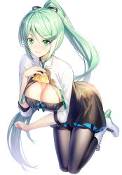 Rule 34 | 1girl, ascot, black pantyhose, black skirt, blush, boots, breasts, cleavage, colored eyelashes, duplicate, earrings, green eyes, green hair, high heel boots, high heels, highres, jewelry, knee boots, large breasts, long hair, long sleeves, looking at viewer, pantyhose, pneuma (xenoblade), ponytail, ririko (zhuoyandesailaer), shirt, shrug (clothing), simple background, skirt, smile, spoilers, swept bangs, very long hair, white background, white footwear, white shirt, xenoblade chronicles (series), xenoblade chronicles 2