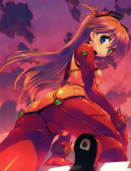 Rule 34 | 00s, 1girl, absurdres, amazuyu tatsuki, arm support, ass, blue eyes, bodysuit, building, butt crack, cameltoe, evangelion: 2.0 you can (not) advance, from behind, highres, leg up, long hair, looking back, multicolored clothes, neon genesis evangelion, orange hair, plugsuit, rebuild of evangelion, scan, skyscraper, solo, souryuu asuka langley, sunset, test plugsuit, two side up