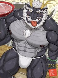 Rule 34 | 1boy, abs, animal ears, bara, bead bracelet, beads, beard, black fur, bracelet, bulge, chinese zodiac, cup, dragon boy, dragon ears, dragon horns, dragon tail, facial hair, feet out of frame, from above, full beard, fundoshi, furry, furry male, highres, holding, holding cup, horns, huge pectorals, japanese clothes, jewelry, long mustache, looking at viewer, male focus, mature male, miazuma shouki, muscular, muscular male, mustache, navel, nipples, old, old man, original, sakazuki, seductive smile, smile, solo, stomach, strongman waist, sweat, tail, thick beard, thick eyebrows, thighs, tongue, tongue out, very sweaty, white hair, year of the dragon