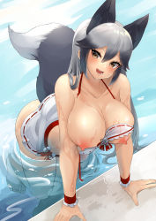 Rule 34 | 1girl, absurdres, alternate breast size, animal ears, arm support, barefoot, bikini, black hair, breasts, brown eyes, collarbone, extra ears, fox ears, fox girl, fox tail, grey hair, hair between eyes, head tilt, highres, huge breasts, kemono friends, leaning forward, long hair, looking at viewer, mappuri, multicolored hair, nipples, one breast out, open mouth, outstretched arms, partially submerged, poolside, sidelocks, silver fox (kemono friends), skindentation, smile, solo, swimsuit, tail, toenails, toes, torn clothes, torn straps, two-tone hair, wardrobe malfunction, water, wet, wrist cuffs