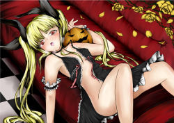 Rule 34 | 1girl, arc system works, armlet, blazblue, blonde hair, blush, bow, breath, couch, dress, flat chest, flower, frills, hair bow, jack-o&#039;-lantern, long hair, lying, no panties, on back, open clothes, open dress, open mouth, petals, pumpkin, rachel alucard, red eyes, rose, rose petals, solo, spaghetti strap, twintails, valiant1227, yellow flower, yellow rose