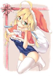 Rule 34 | 10s, 1girl, ahoge, blonde hair, eip (pepai), green eyes, hat, highres, i-8 (kancolle), kantai collection, one-piece swimsuit, sack, santa costume, santa hat, school swimsuit, swimsuit, thighhighs