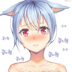Rule 34 | 1girl, absurdres, animal ears, bad id, bad pixiv id, blush, cat ears, collarbone, hair between eyes, head tilt, highres, hwayoung, looking at viewer, mole, mole under eye, nose blush, original, parted lips, portrait, red eyes, short hair, solo, sparkle, tears, twitter username, white background