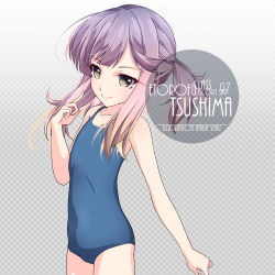 Rule 34 | 1girl, alternate costume, artist name, blush, character name, checkered background, collarbone, commentary request, cowboy shot, flat chest, gradient background, gradient hair, inaba shiki, kantai collection, looking at viewer, multicolored hair, one-hour drawing challenge, one-piece swimsuit, orange hair, ponytail, purple eyes, purple hair, school swimsuit, short hair, sidelocks, simple background, smile, solo, standing, swimsuit, tsushima (kancolle)