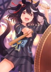 Rule 34 | 1girl, ahoge, animal ears, black hair, bob cut, drum, dual wielding, flower ornament, from below, hair between eyes, highres, holding, holding stick, horse ears, horse girl, horse tail, instrument, jinbei (clothes), kitasan black (umamusume), looking at viewer, multicolored hair, red eyes, red ribbon, ribbon, rio (rio 067), short hair, solo, stick, streaked hair, taiko drum, taiko sticks, tail, tracen ondo outfit (umamusume), twitter username, umamusume, white hair