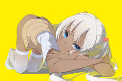 Rule 34 | 1girl, black panties, blue eyes, cardigan vest, commentary, crossed arms, dark-skinned female, dark skin, hair bobbles, hair ornament, kasshoku-chan (katuo1129), kneeling, long hair, looking at viewer, no pants, original, panties, school uniform, simple background, skindentation, solo, thighhighs, top-down bottom-up, twintails, underwear, unimon e, white hair, white thighhighs, yellow background