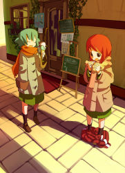 Rule 34 | 2girls, bad id, bad pixiv id, clothes pull, coat, closed eyes, food, green hair, harepore, ice cream, ice cream cone, multiple girls, open mouth, original, pants, pants pull, red hair, road, scarf, shoes, socks, standing, street