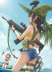 Rule 34 | 2girls, animal, animal on shoulder, ass, bikini, bikini under clothes, black cat, black hair, blue shorts, blue sky, blush, breasts, brown eyes, camouflage, camouflage headwear, cat, closed mouth, cloud, commentary request, copyright request, dated, day, denim, denim shorts, dual wielding, front-tie bikini top, front-tie top, green headwear, gun, hat, highres, holding, holding gun, holding sword, holding weapon, katana, medium breasts, mifune ( mifune 707), multiple girls, outdoors, outstretched arms, profile, red bikini, rifle, short hair, short shorts, shorts, side-tie bikini bottom, sig mcx, sig sauer, sky, standing, swimsuit, sword, twitter username, water, weapon, witch hat, yellow bikini