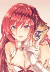Rule 34 | 1girl, axe, bare shoulders, breasts, card, cleavage, elbow gloves, gameplay mechanics, gloves, godsworn alexiel, granblue fantasy, highres, iichiko (398016), long hair, looking at viewer, medium breasts, open mouth, portrait, purple eyes, red hair, solo, upper body
