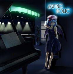 Rule 34 | 1girl, album cover, alternate costume, bag, bar (place), bat wings, blue hair, contemporary, cover, dress, female focus, flower, formal, grand piano, hair flower, hair ornament, handbag, hat, instrument, jewelry, necklace, piano, red eyes, remilia scarlet, short hair, solo, touhou, tsukimido, wings