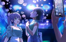 Rule 34 | 3girls, :d, aquarium, bag, black hair, blunt bangs, blunt ends, breasts, casual, cellphone, cerise bouquet, collarbone, game cg, green eyes, green shirt, half updo, highres, hinoshita kaho, holding, holding phone, indoors, iphone, jellyfish, link! like! love live!, long hair, looking at animal, looking at another, looking up, love live!, medium breasts, momose ginko, multiple girls, official alternate costume, official alternate hairstyle, official art, open mouth, otomune kozue, out of frame, own hands together, phone, ponytail, purple hair, rabbit charm, ribbed shirt, see-through clothes, see-through sleeves, shirt, short hair, short sleeves, shoulder bag, sidelocks, skirt, smartphone, smile, taking picture, teeth, third-party source, upper body, upper teeth only, very long hair, virtual youtuber, white skirt