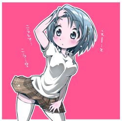 Rule 34 | 1girl, blue eyes, blue hair, blush, border, breasts, collared shirt, contrapposto, hand in own hair, hoyofu, mahou shoujo madoka magica, mahou shoujo madoka magica (anime), medium breasts, miki sayaka, musical note, musical note print, outside border, pink background, plaid, plaid skirt, raised eyebrows, shirt, short hair, skirt, solo, thighhighs, thighs, translation request, white border, white shirt, white thighhighs, wide-eyed