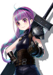 Rule 34 | 1girl, ahoge, armor, black hairband, blue hair, blunt bangs, blush, braid, breasts, buster sword, cloud strife, cloud strife (cosplay), cosplay, final fantasy, final fantasy vii, hairband, hand on own hip, highres, hololive, long hair, looking down, minato aqua, multicolored hair, neko61, open hand, pauldrons, purple eyes, shoulder armor, single pauldron, small breasts, smile, solo, very long hair, virtual youtuber, white background