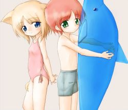 Rule 34 | 1boy, 1girl, alice (ikuno yui), animal ears, arms behind back, blonde hair, blue eyes, casual one-piece swimsuit, cat ears, cat tail, child, cropped, dog ears, dog tail, green eyes, grey male swimwear, grey swim trunks, ikuno yui, inflatable dolphin, inflatable toy, interlocked fingers, male swimwear, one-piece swimsuit, original, own hands clasped, own hands together, pink one-piece swimsuit, red hair, shorts, simple background, swim trunks, swimsuit, tail